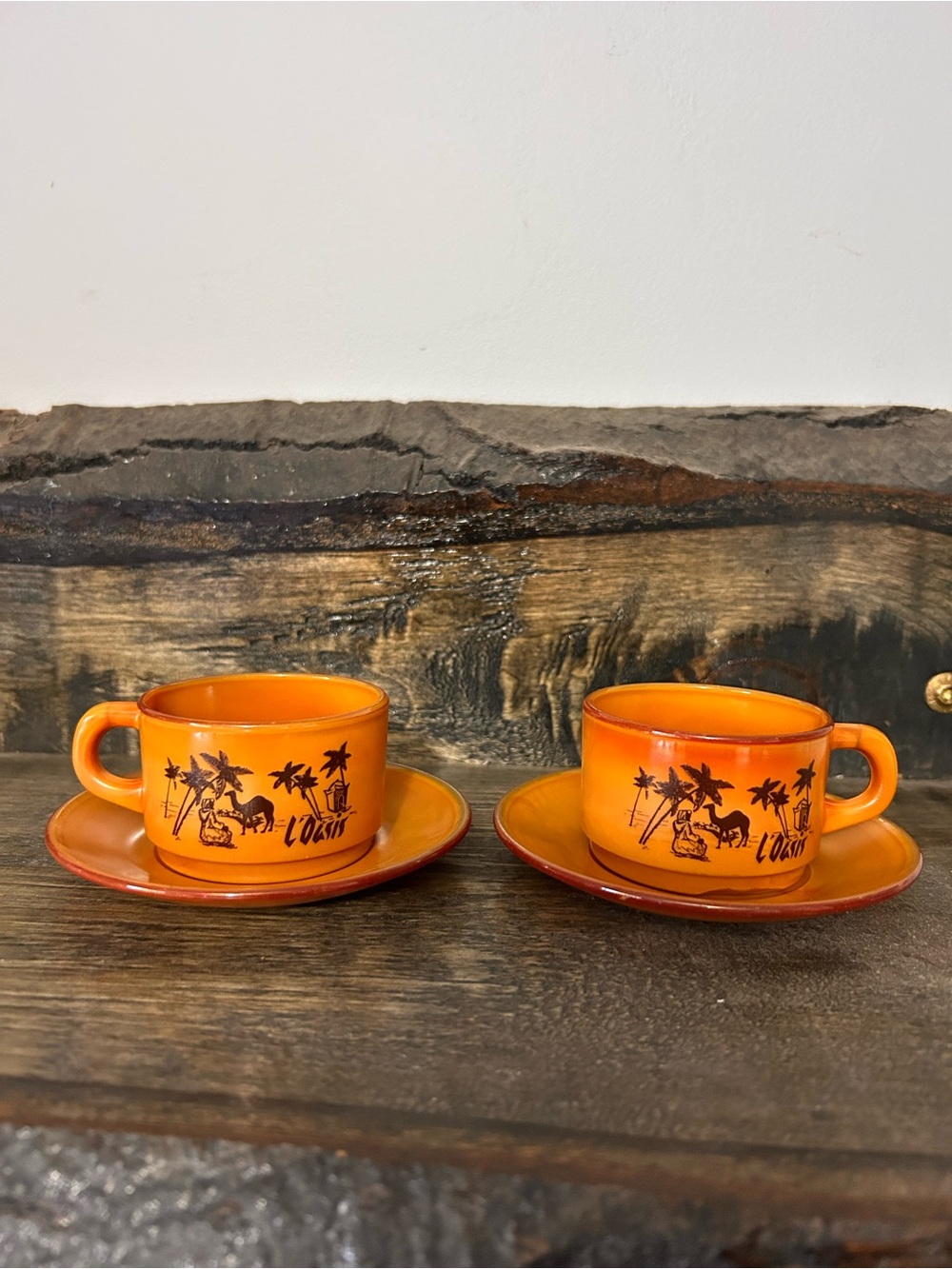 Arcopal Glass Espresso orange/Brown Cups&Saucer with Tropical oasis design